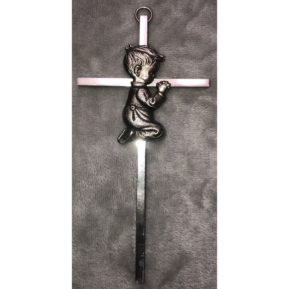 Childrens Hanging Nursery Wall Cross w Praying Boy Silver Tone 6"
